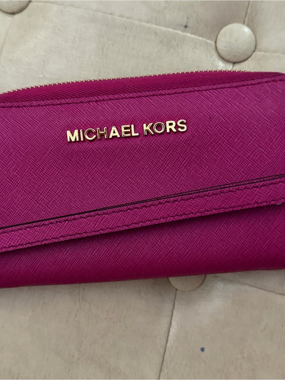 Michael Kors Fuchsia Saffiano Zip Wallet with Gold Logo